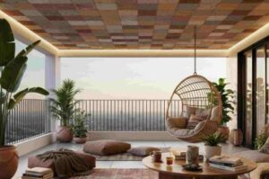 Balcony decor with green plants and bamboo swing