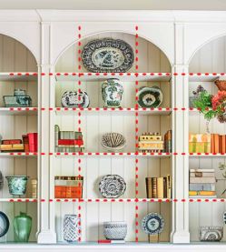 shelving and architectural elements as visual anchors